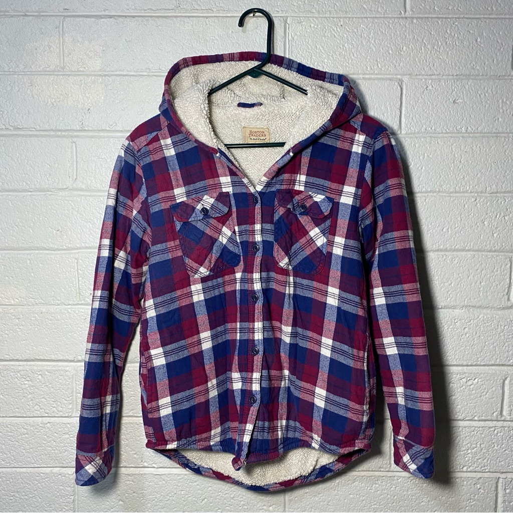 Hooded Fleece Lined Flannel Shirt Jacket Women’s Small Boston Traders Plaid Euc